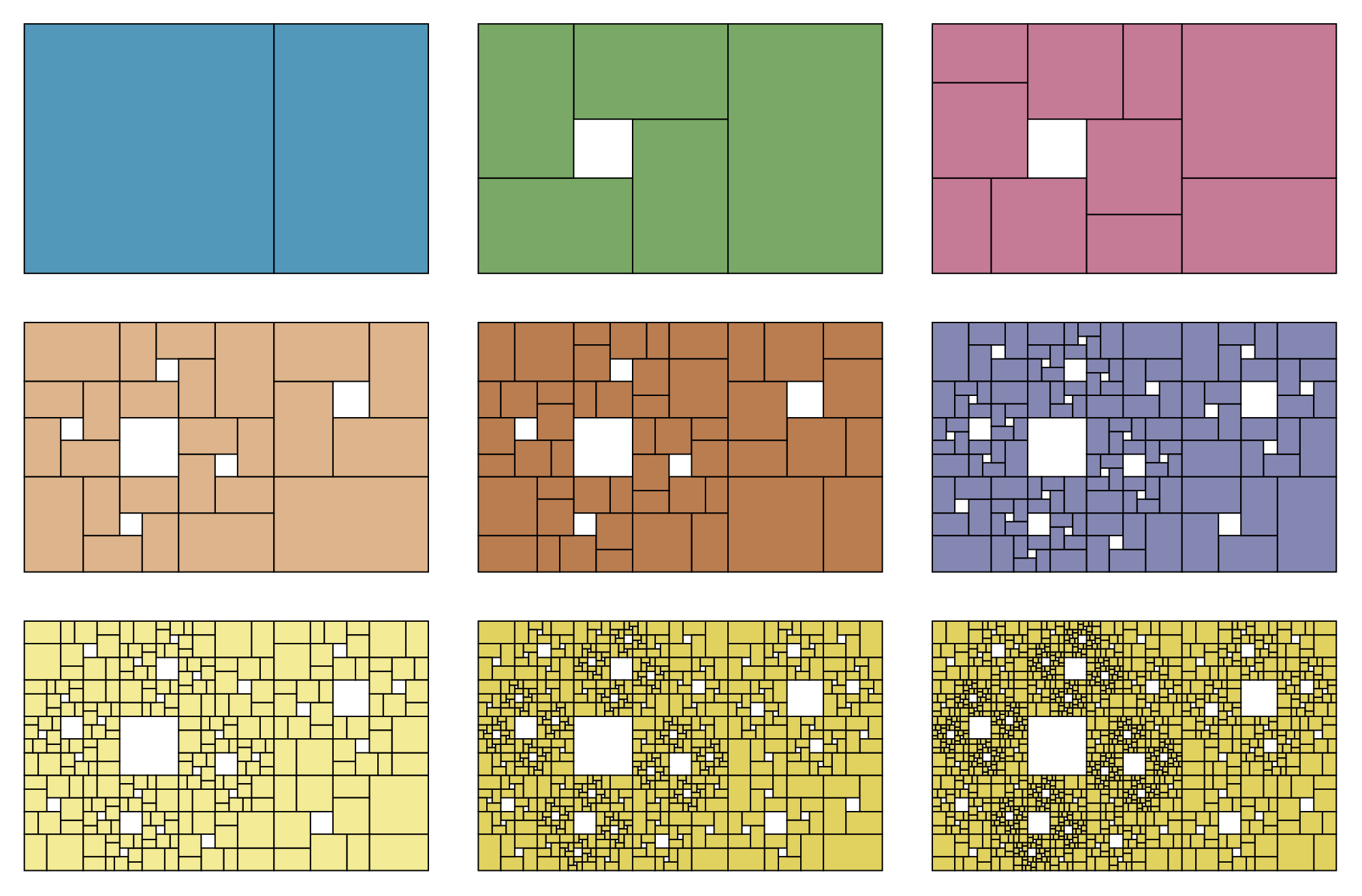 Grid of golden rectangle fractal stages
