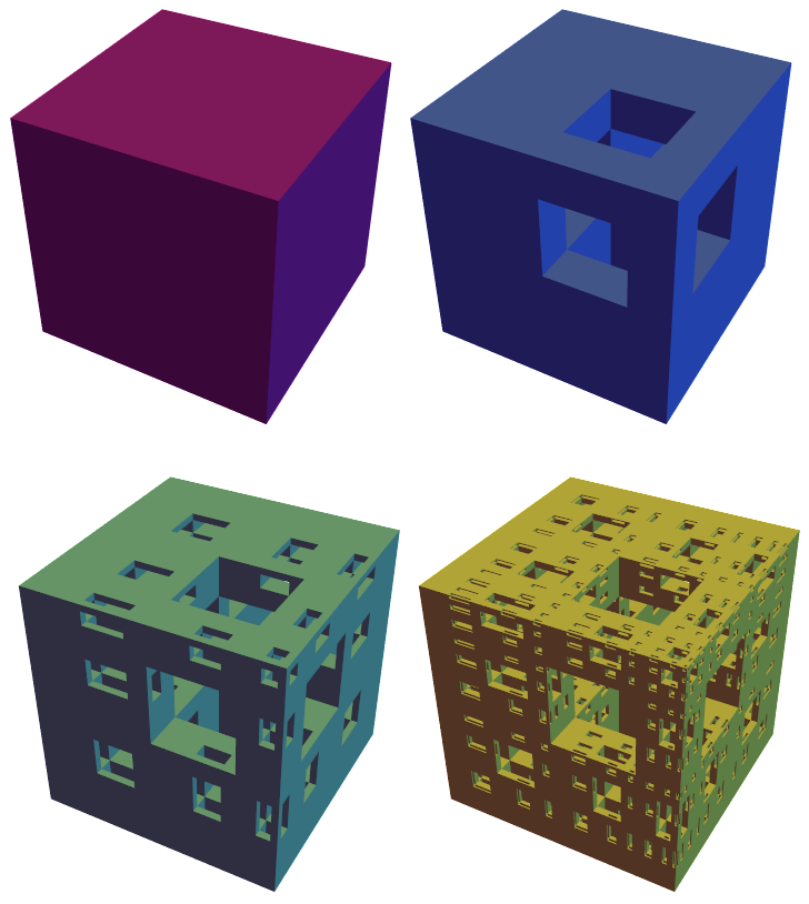 Asymmetical Menger sponge affine variants, stages 0-3