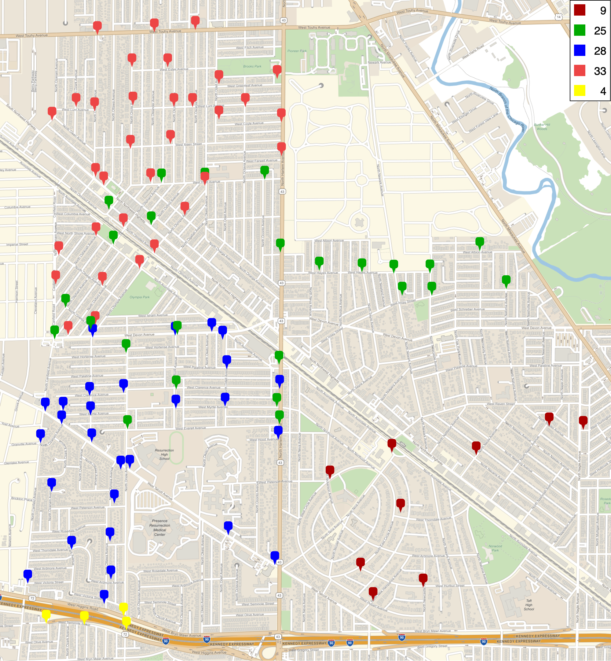 Street map showing locations of 99 sidewalk bears