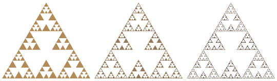 triangle version of Cross Menger fractal variant, stages 3 through 5