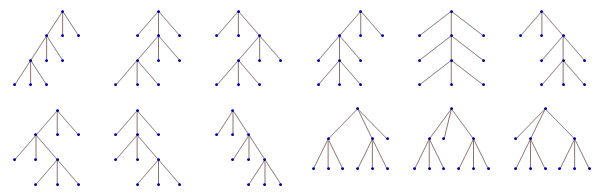 twelve ternary trees for 1 through 7